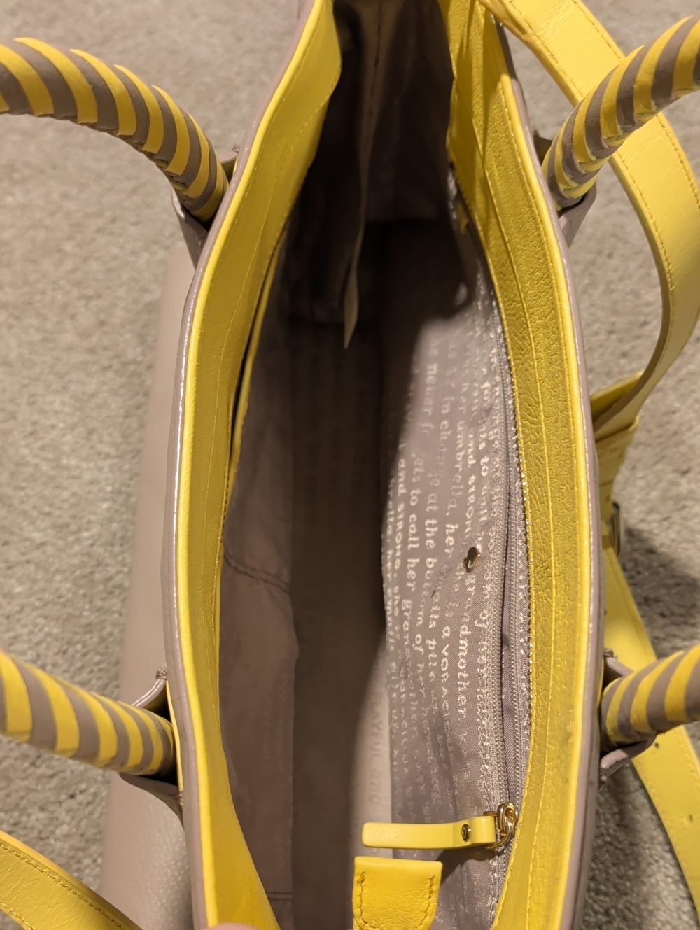 Kate Spade Leather Woods Drive Harris Satchel Taupe Yellow Twist Handles - Picture 5 of 5